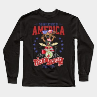 Funny and cute Red white and blue Doxie USA Rockin Freedom Since 1776 Dachshund drummer Long Sleeve T-Shirt